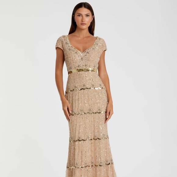 Mac Duggal Beige Cap Sleeve Sweetheart Neckline Beaded Sequin Size 12 - Picture 1 of 4